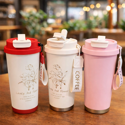 500ml Flower Leaf Stainless Steel Insulated Coffee Mug with Lid