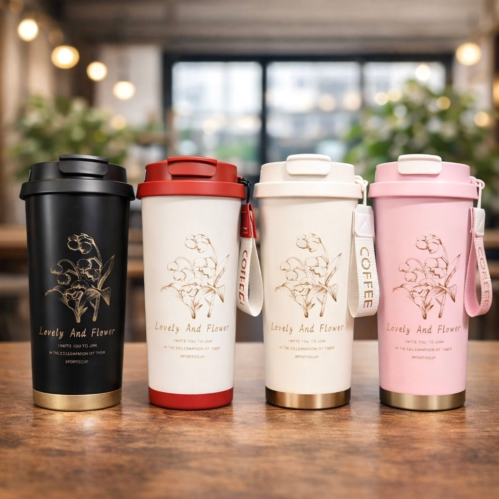 500ml Flower Leaf Stainless Steel Insulated Coffee Mug with Lid