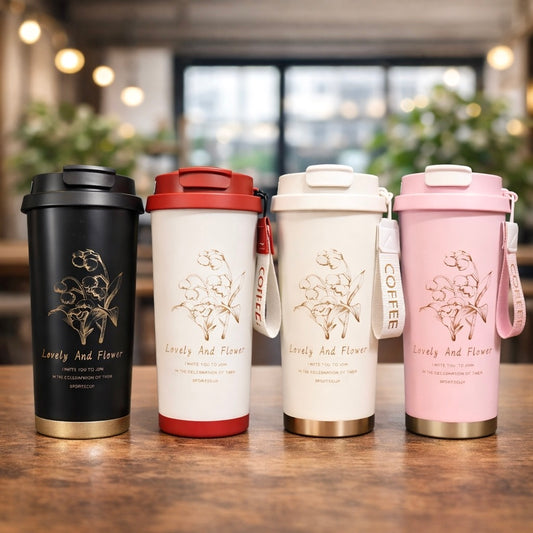 500ml Flower Leaf Stainless Steel Insulated Coffee Mug with Lid