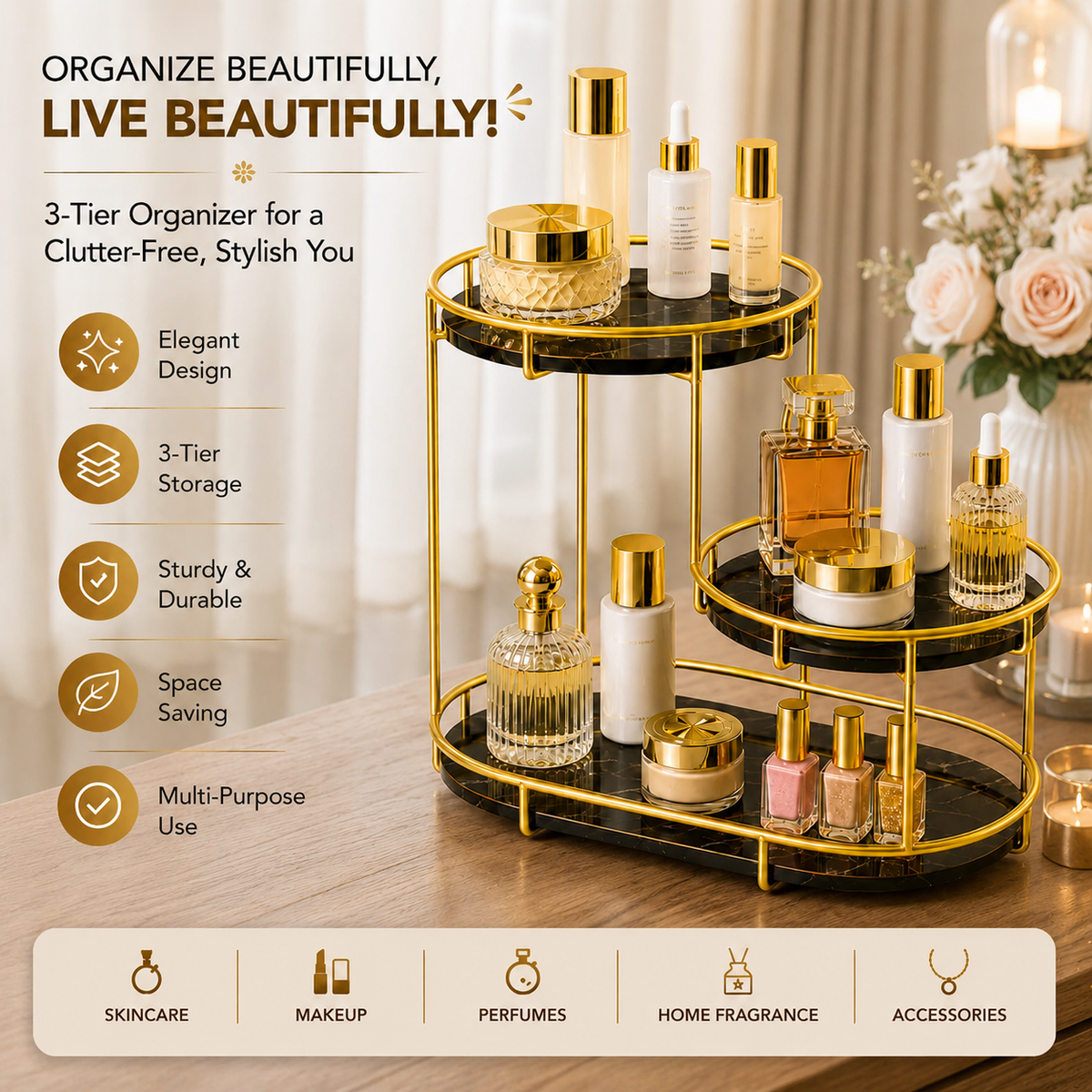 3-Tier Golden Vanity Stand – Makeup & Cosmetic Organizer