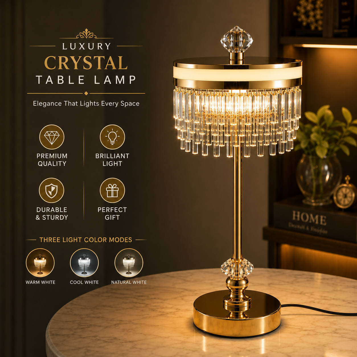 Rechargeable Luxury Crystal Table Lamp (3 Light Color Modes)