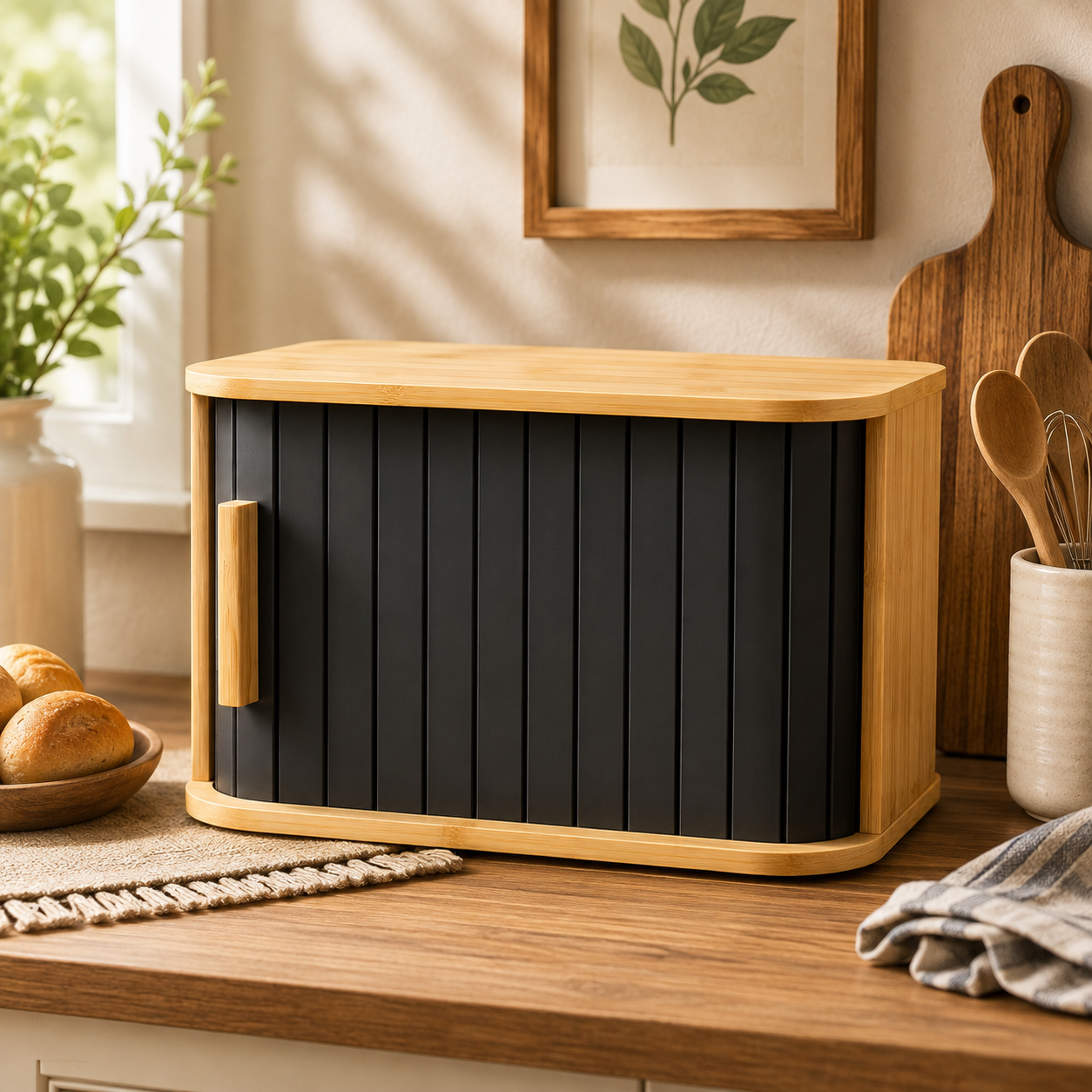 Premium Bamboo Bread Box Sliding Door