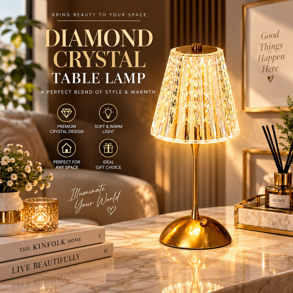 Diamond Crystal Rechargeable Table Desk Lamp (3 Light Color Modes)