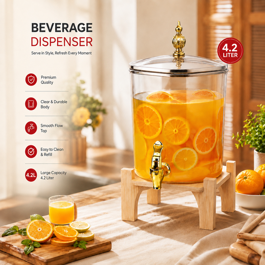Square Glass Beverage Dispenser - Golden Tap & Wooden Stand (4.2 Ltrs)