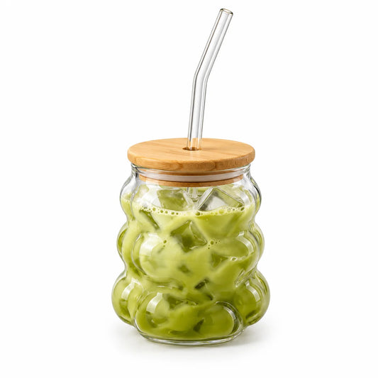Bubble Glass Cup With Bamboo Lid & Straw