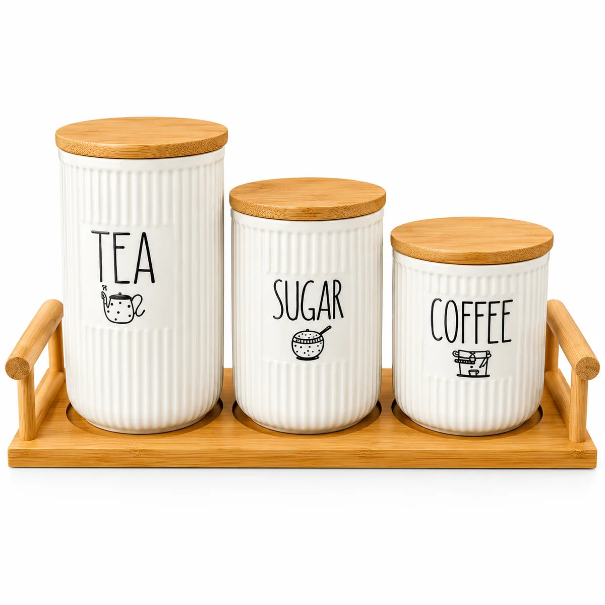 Premium Ceramic Tea, Sugar & Coffee Canister Set With Wooden Stand – 3 Pieces