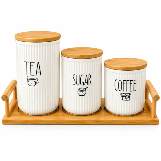 Premium Ceramic Tea, Sugar & Coffee Canister Set With Wooden Stand – 3 Pieces