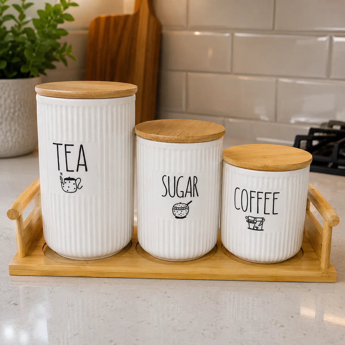 Premium Ceramic Tea, Sugar & Coffee Canister Set With Wooden Stand – 3 Pieces