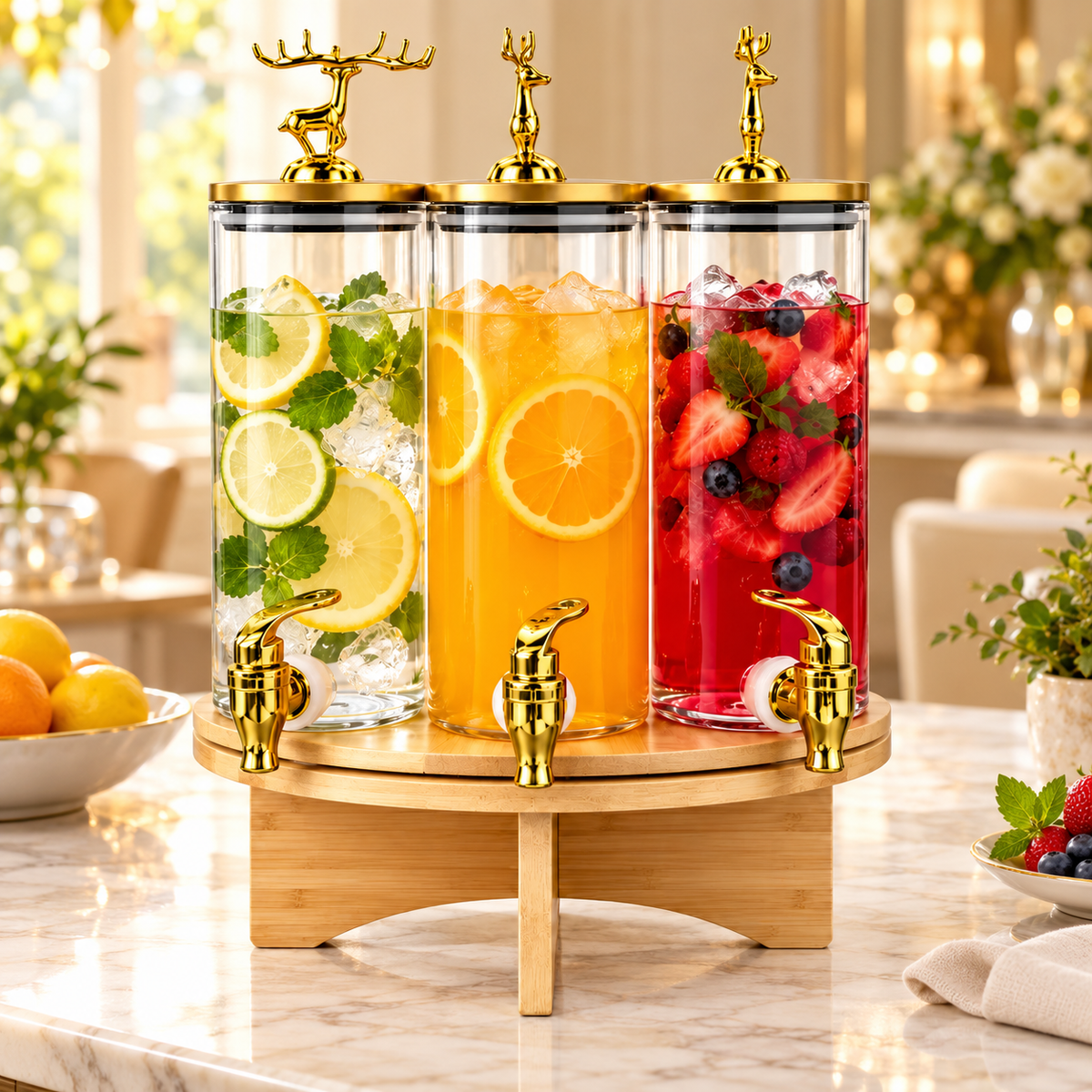 Premium 3-In-1 Revolving Beverage Dispenser With Golden Taps & Wooden Stand