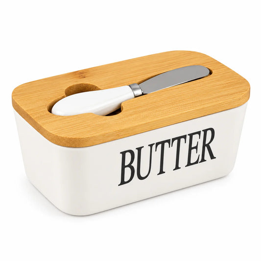 Ceramic Butter Dish With Bamboo Lid And Knife