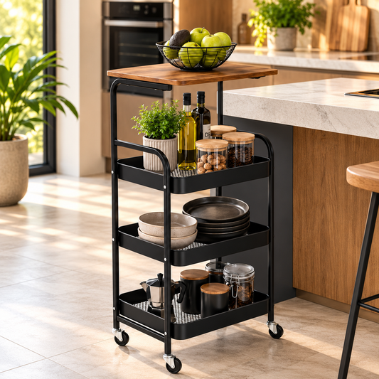 3-Tier Bamboo Wood & Metal Rolling Storage Cart