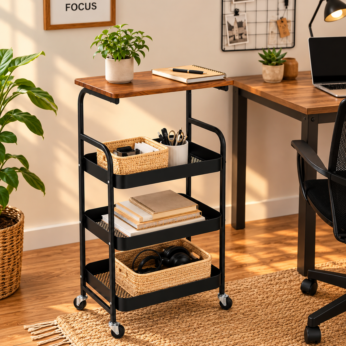 3-Tier Bamboo Wood & Metal Rolling Storage Cart