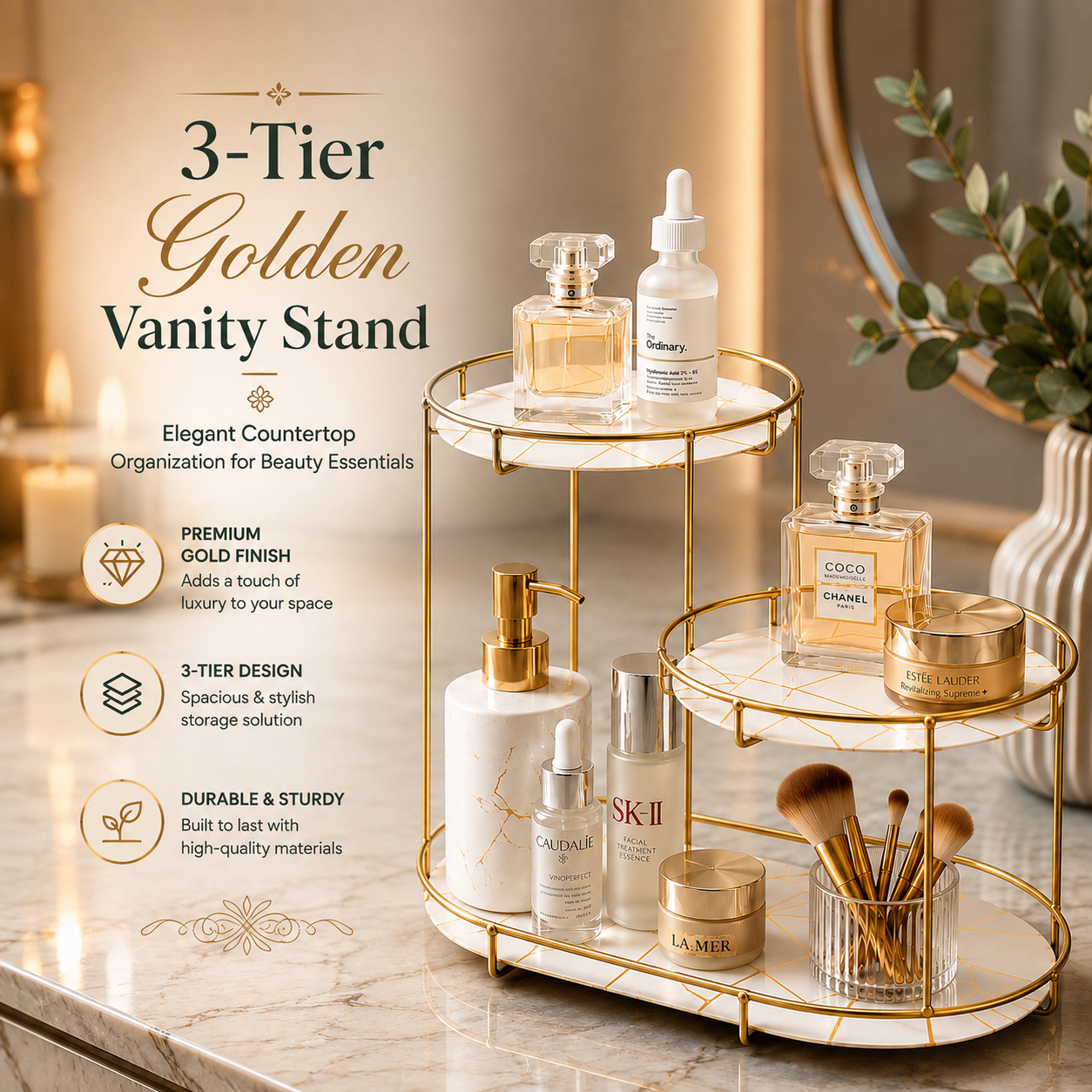 3-Tier Golden Vanity Stand – Makeup & Cosmetic Organizer